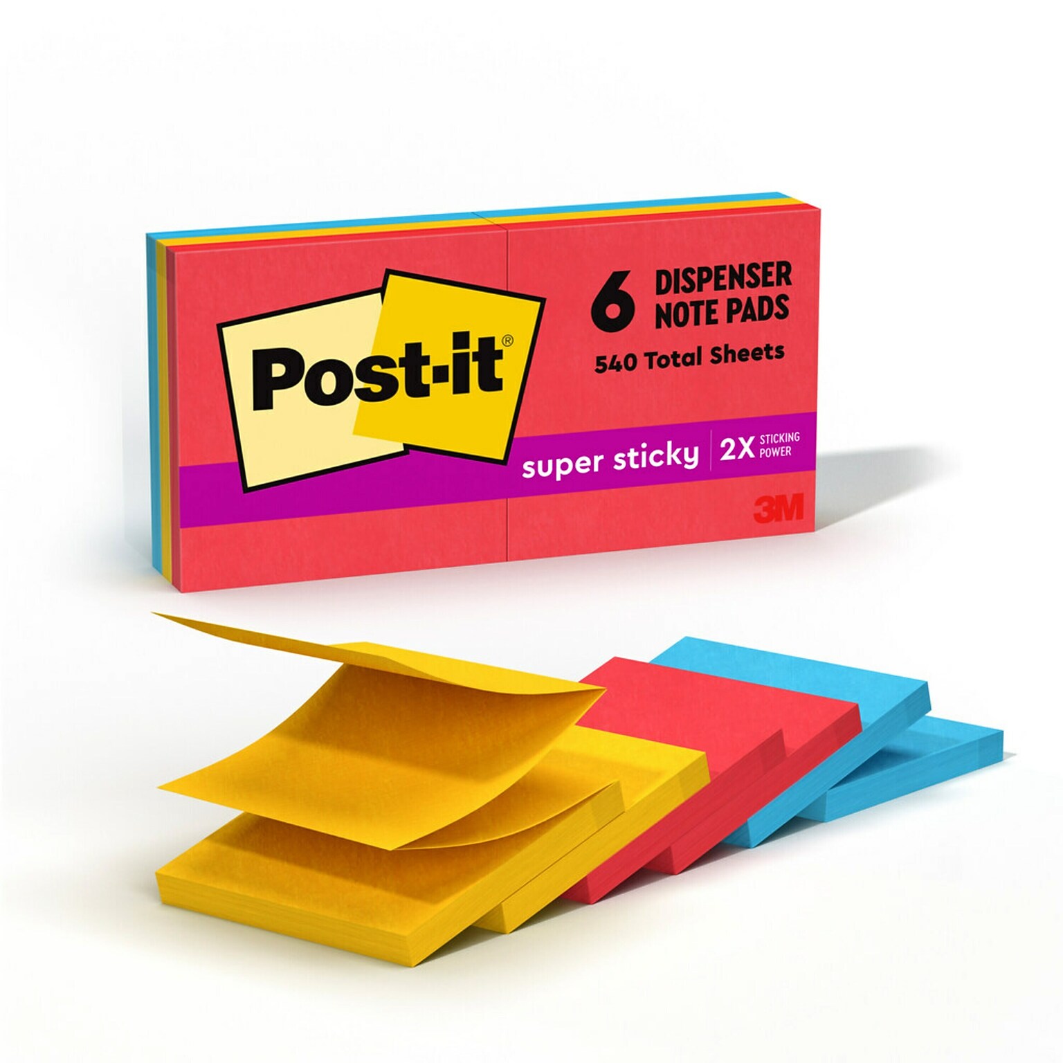 Post-it Super Sticky Pop-up Notes, 3 x 3, Playful Primaries Collection, 90 Sheet/Pad, 6 Pads/Pack (R330-6SSAN)