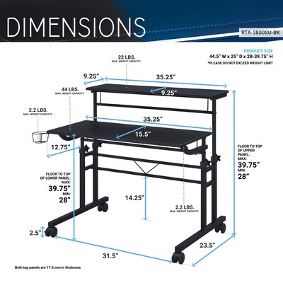 Techni Mobili 36" Mobile Desk, Black (RTA-3800SU-BK)