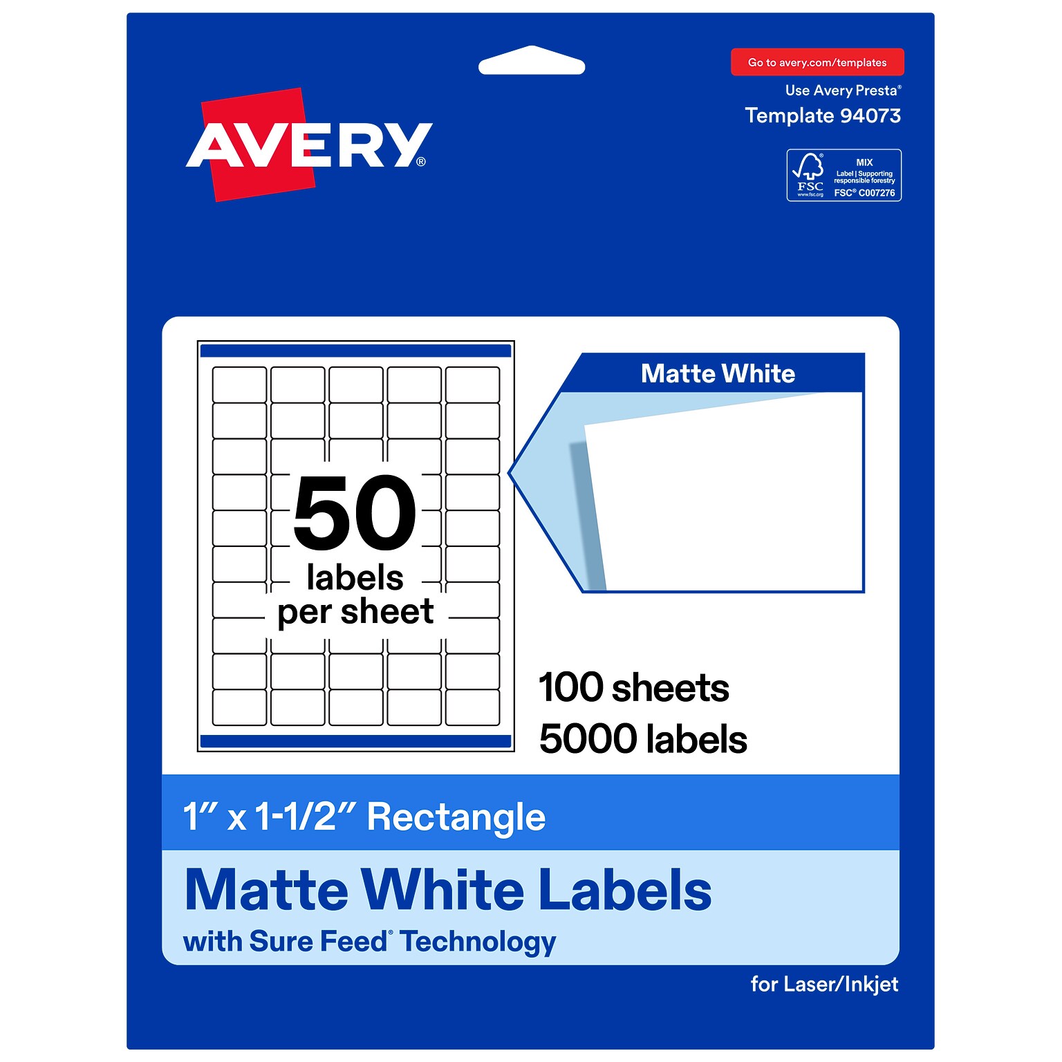 Avery Rectangle Laser/Inkjet Multipurpose Labels, White, 50 Labels/Sheet, 100 Sheets/Pack (19479311273)