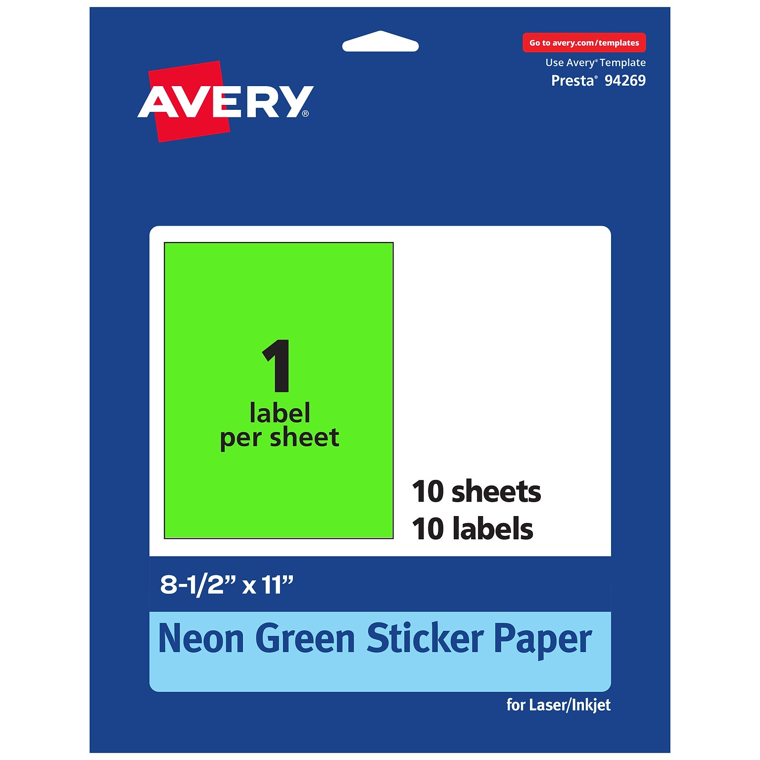 Avery Laser/Inkjet Multipurpose Rectangle Labels, 8.5 x 11, Neon Green, 10/Pack (94269)