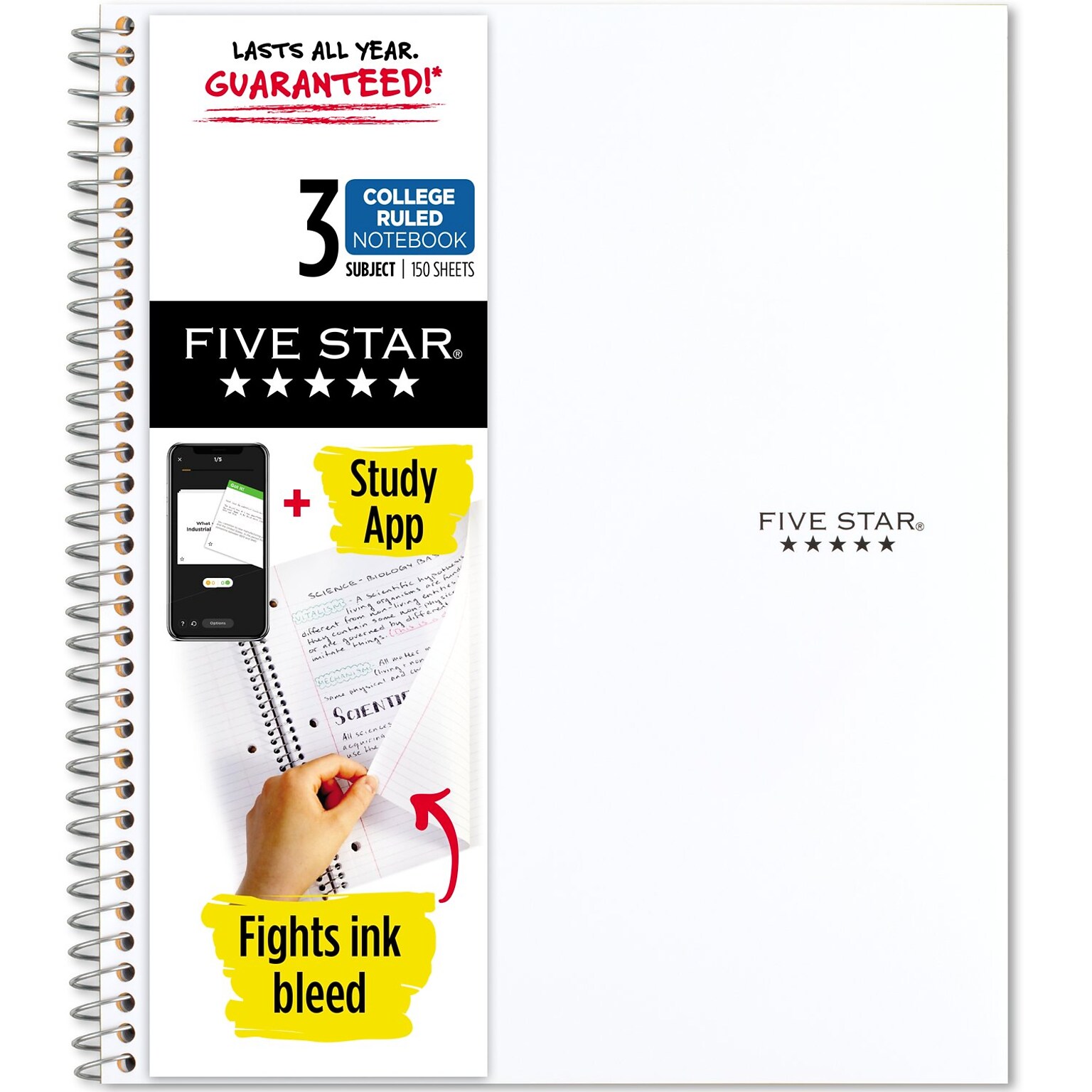 Five Star Spiral Notebook Plus Study App, 3 Subject, College Ruled, 8.5 x 11, White (820003B)