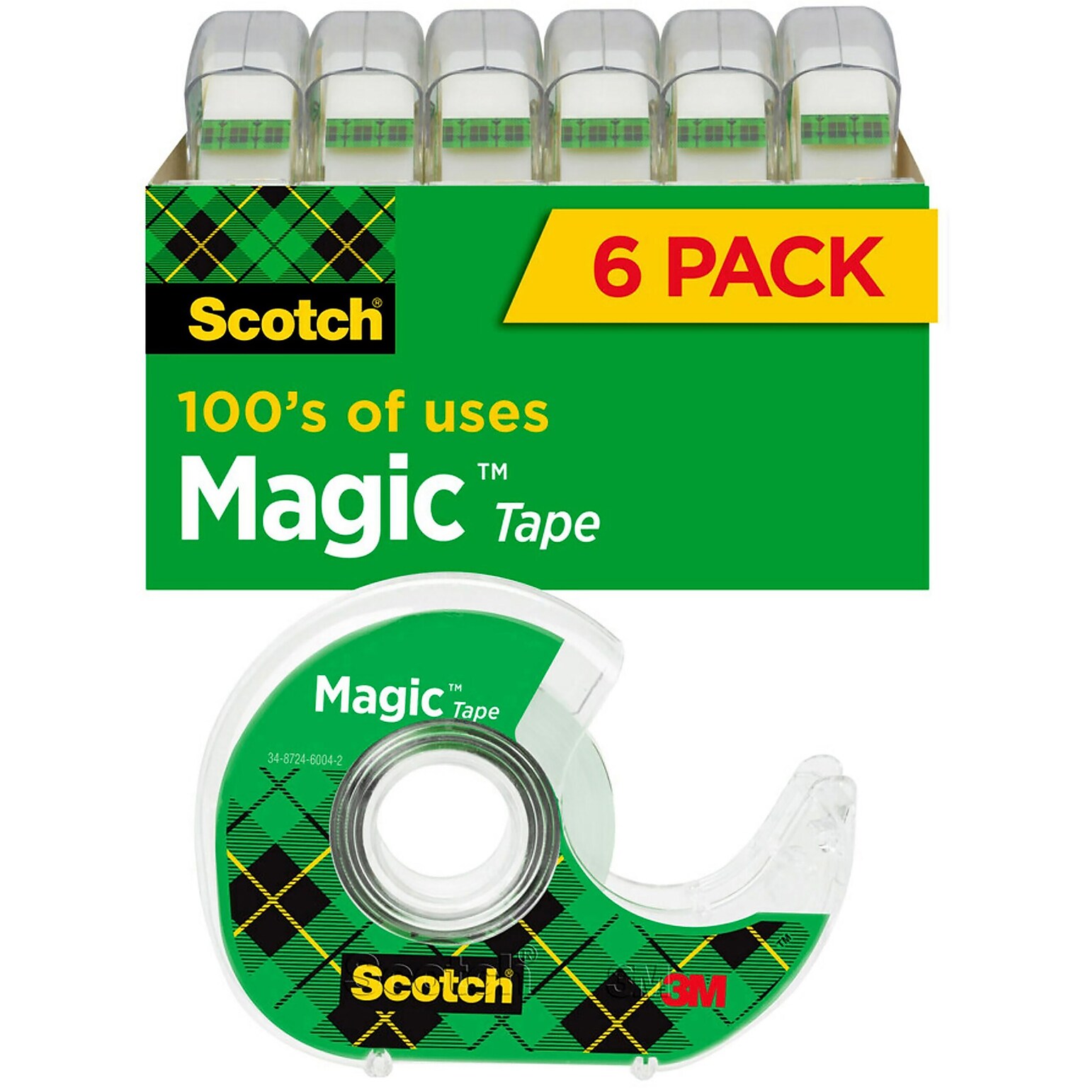 Scotch Magic Tape with Dispenser, Invisible, 3/4 in x 650 in, 6 Tape Rolls, Clear, Home Office and Back to School Supplies