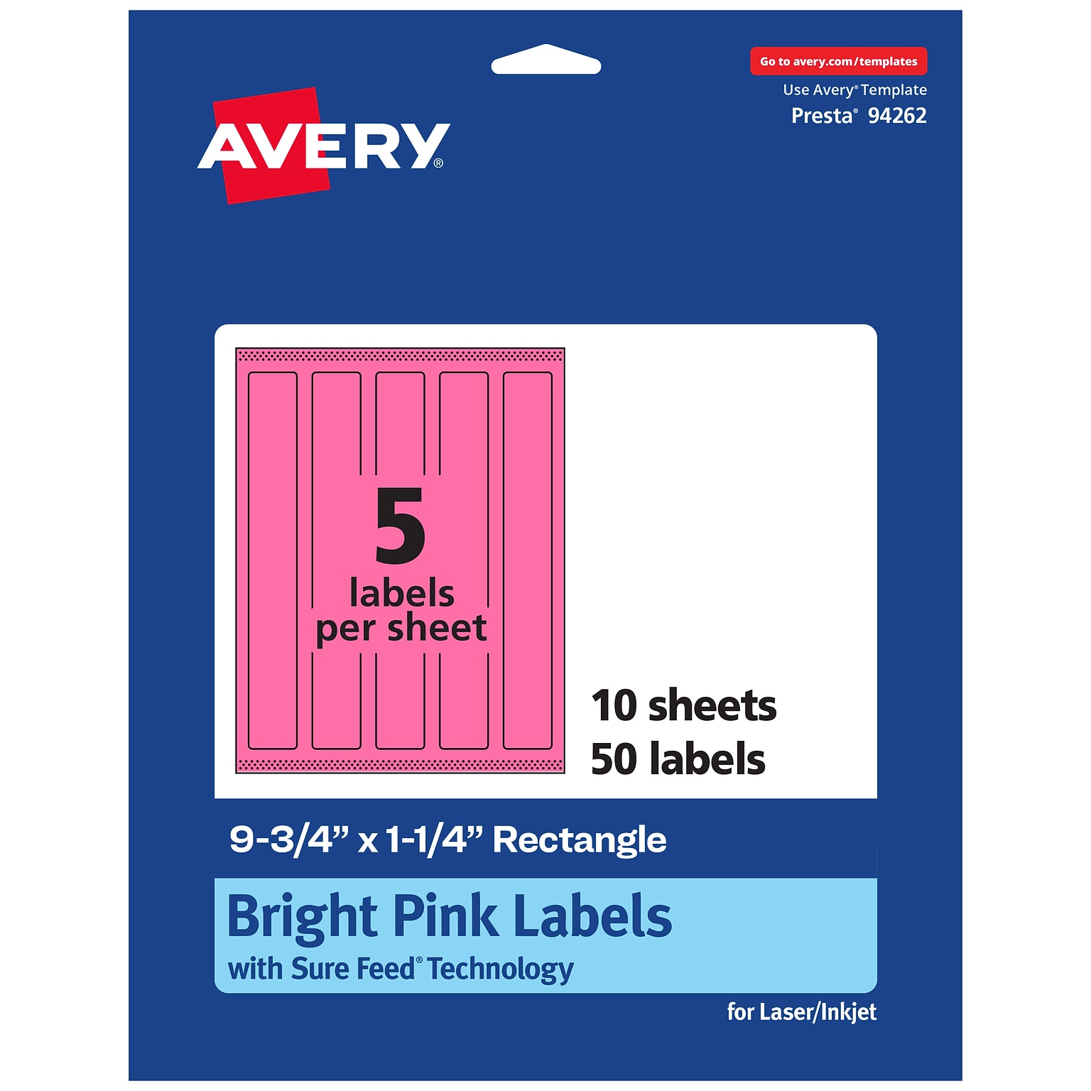 Avery Laser/Inkjet Rectangle Multipurpose Labels, 9.75 x 1.25, Bright Pink, 50/Pack (94262)