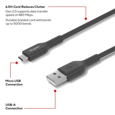 Staples TECH Micro USB to USB-A Charging Cable, 6.5 ft., Black (ST62328)