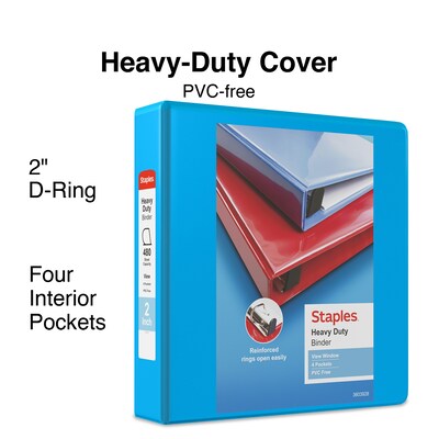 Staples® Heavy Duty 2" 3 Ring View Binder with D-Rings, Light Blue (26350)