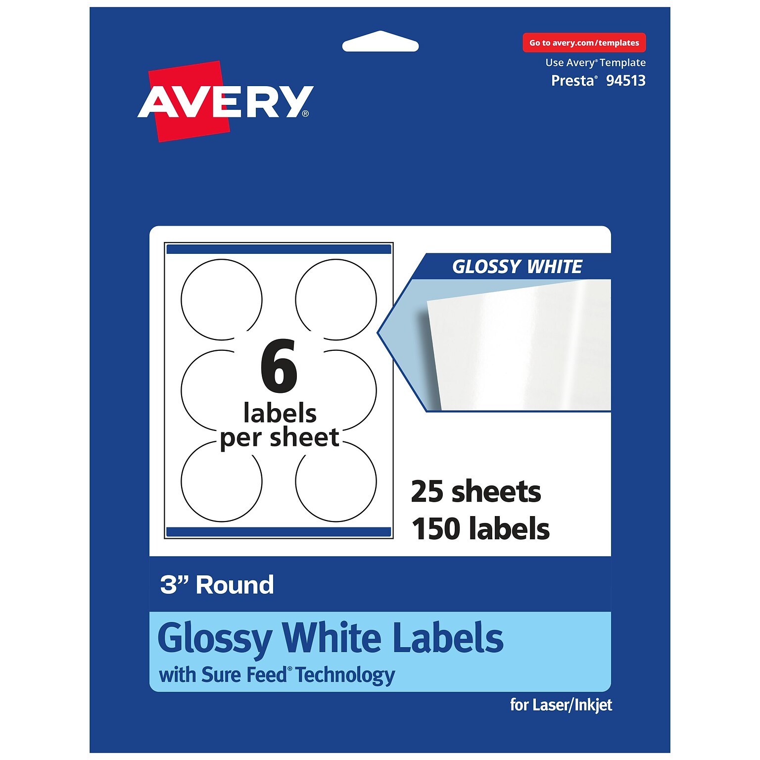 Avery Laser/Inkjet Round Multipurpose Labels, 3 Dia, Glossy White, 150 Labels/Pack (94513)