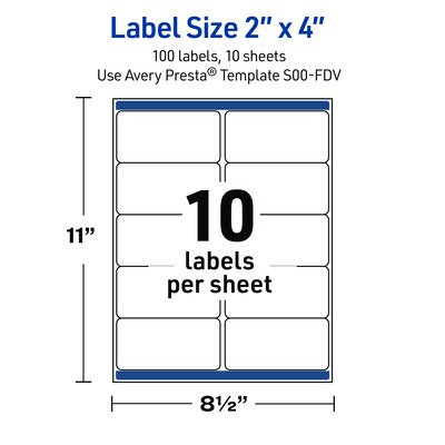 Avery Rectangle Multipurpose Labels, 2" x 4", White, 100/Pack (19479370629)