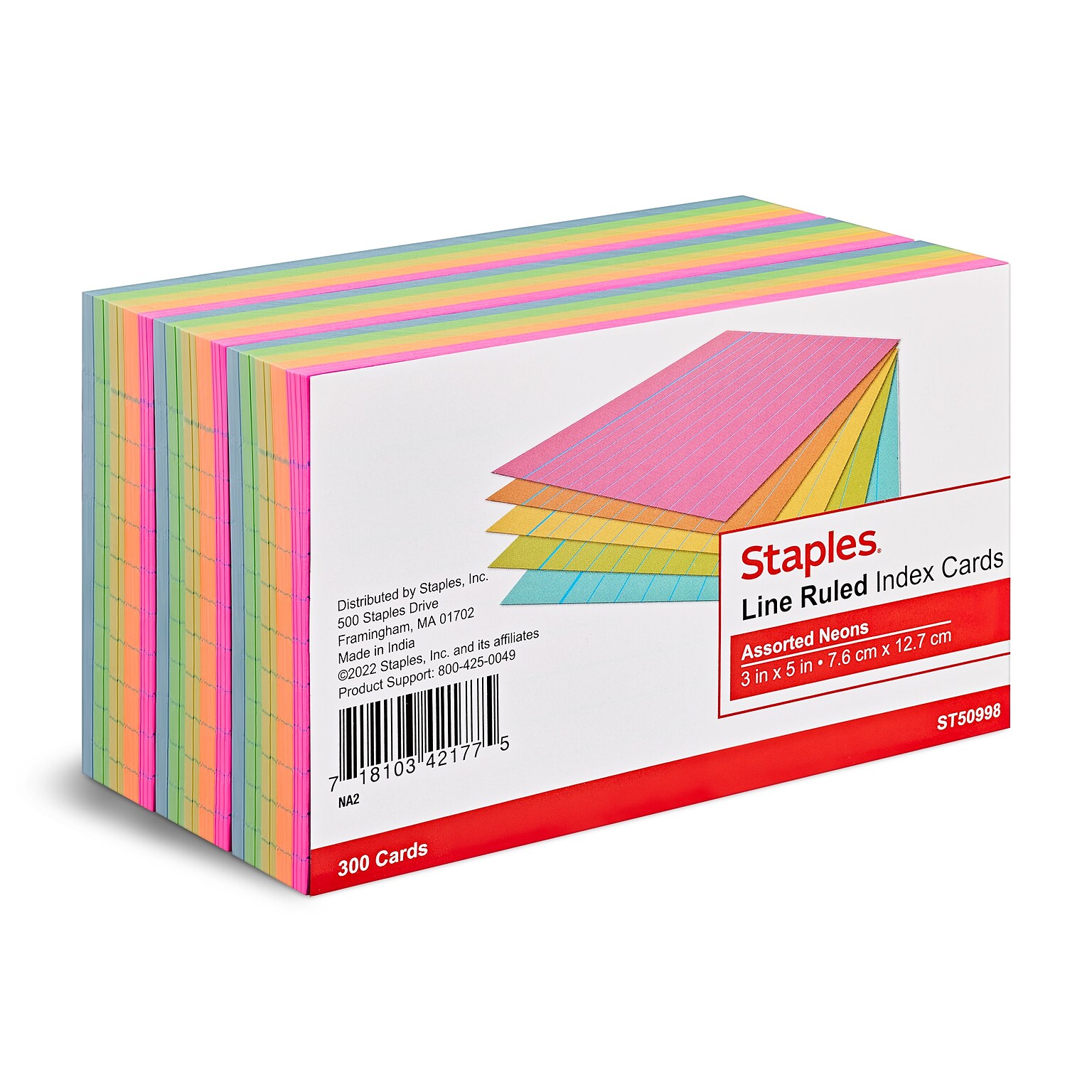 Staples 3 x 5 Index Cards, Lined, Assorted Colors, 300/Pack (TR50998)