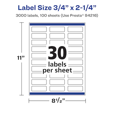 Avery Laser/Inkjet Rectangle Multipurpose Labels, 0.75" x 2.25", White, 3000 Labels/Box (94216)