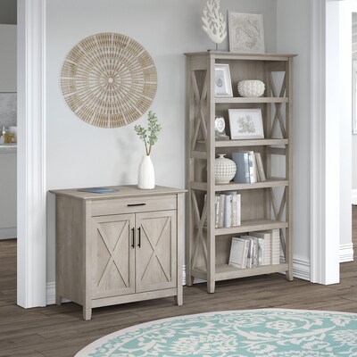 Bush Furniture Key West Laptop Storage Desk Credenza with 5 Shelf Bookcase, Washed Gray (KWS012WG)