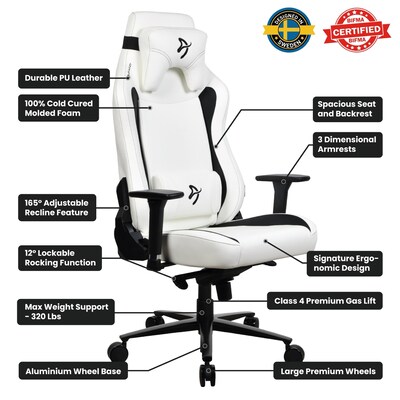 Arozzi Vernazza XL SoftPU Faux Leather Ergonomic Racing Gaming Chair, White (VERNAZZA-XL-SPU-WT)