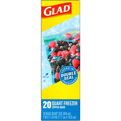 Glad Zipper Freezer Storage Bags, Quart, 20 Bags/Box (57035)