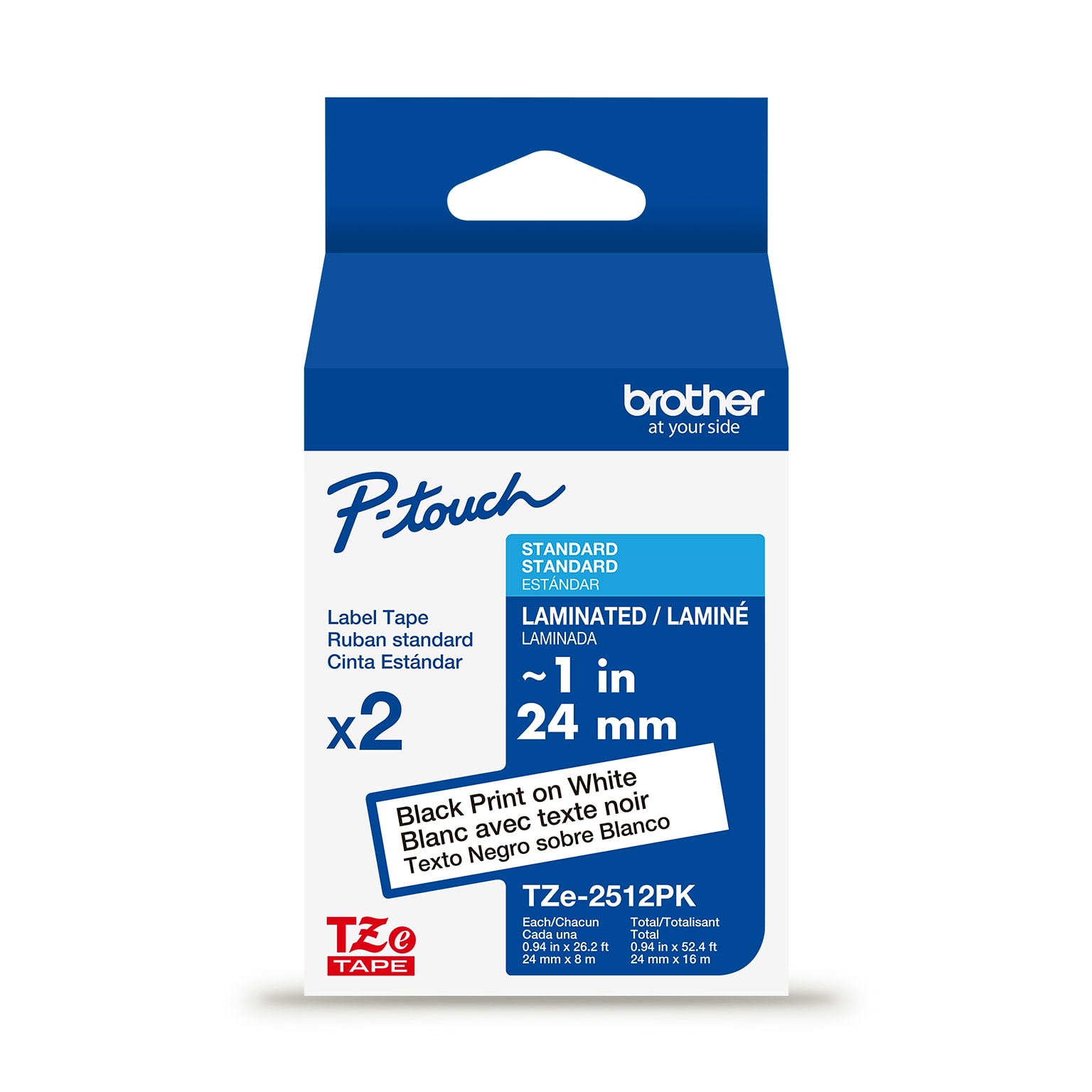 Brother P-touch Laminated Label Tape, 1 x 26.2, Black on White, 2/Pack (TZe2512PK)