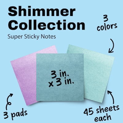 Post-it Shimmer Sticky Notes, 3 x 3, Cool Collection, 45 Sheets/Pad, 3 Pads/Pack (SENS-SN33-CL)