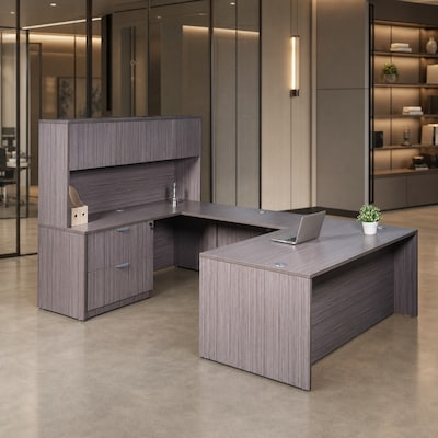Boss Office Products 66" U-Shaped Desk with Lateral File and Hutch, Driftwood (GROUPA17-DW)