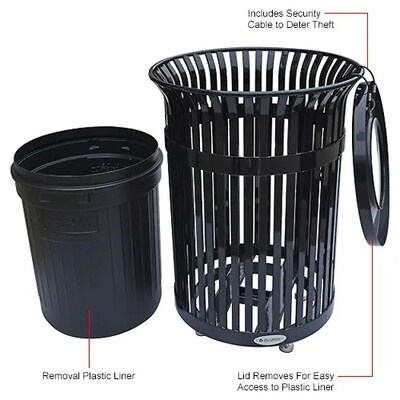Global Industrial Outdoor Heavy-Duty Slatted Steel Trash Can, 36 Gallon, Black (641629BK)