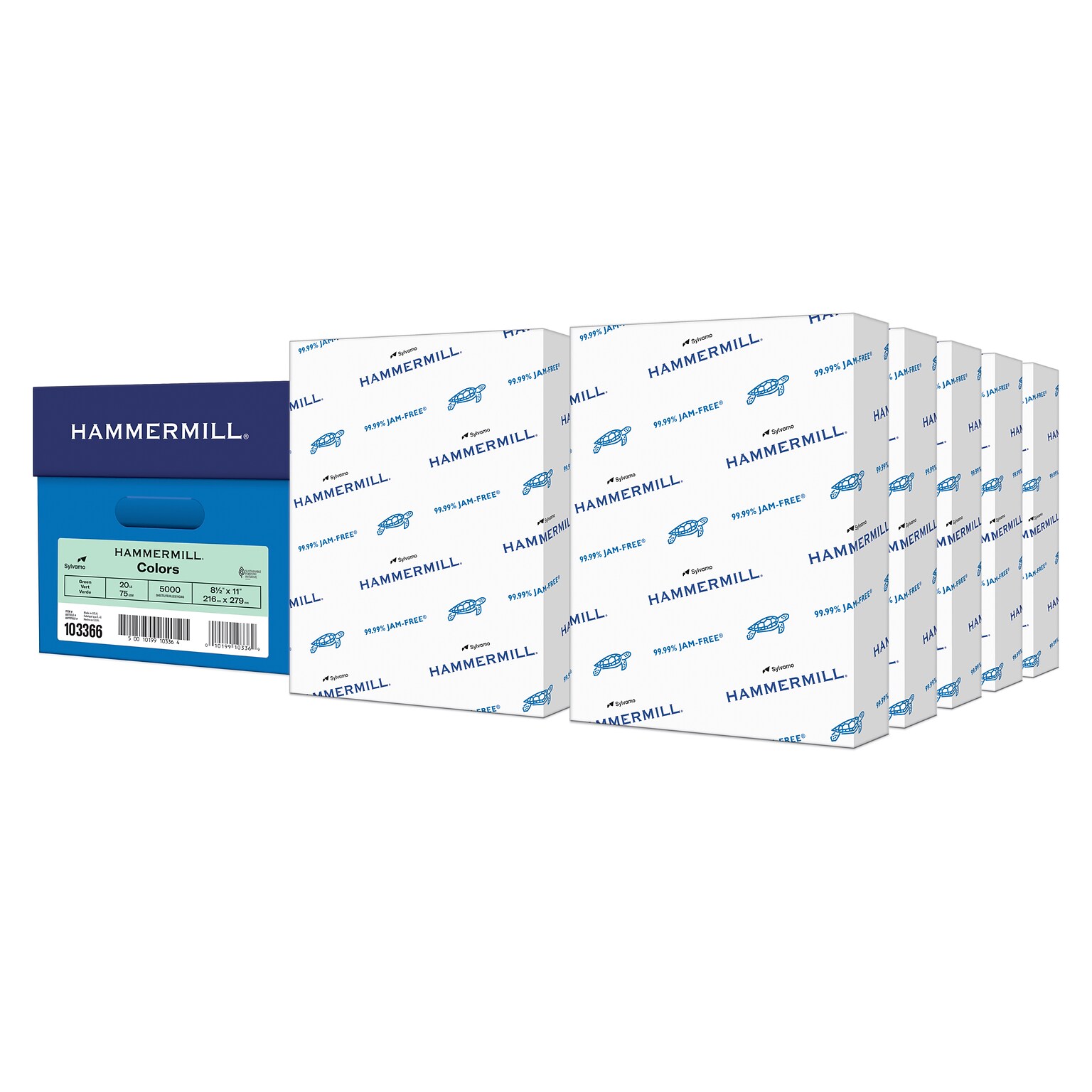 Hammermill Recycled Colors 8.5 x 11 Color Copy Paper, 20 lbs. Green, 5000 Sheets/Ream (103366CT)