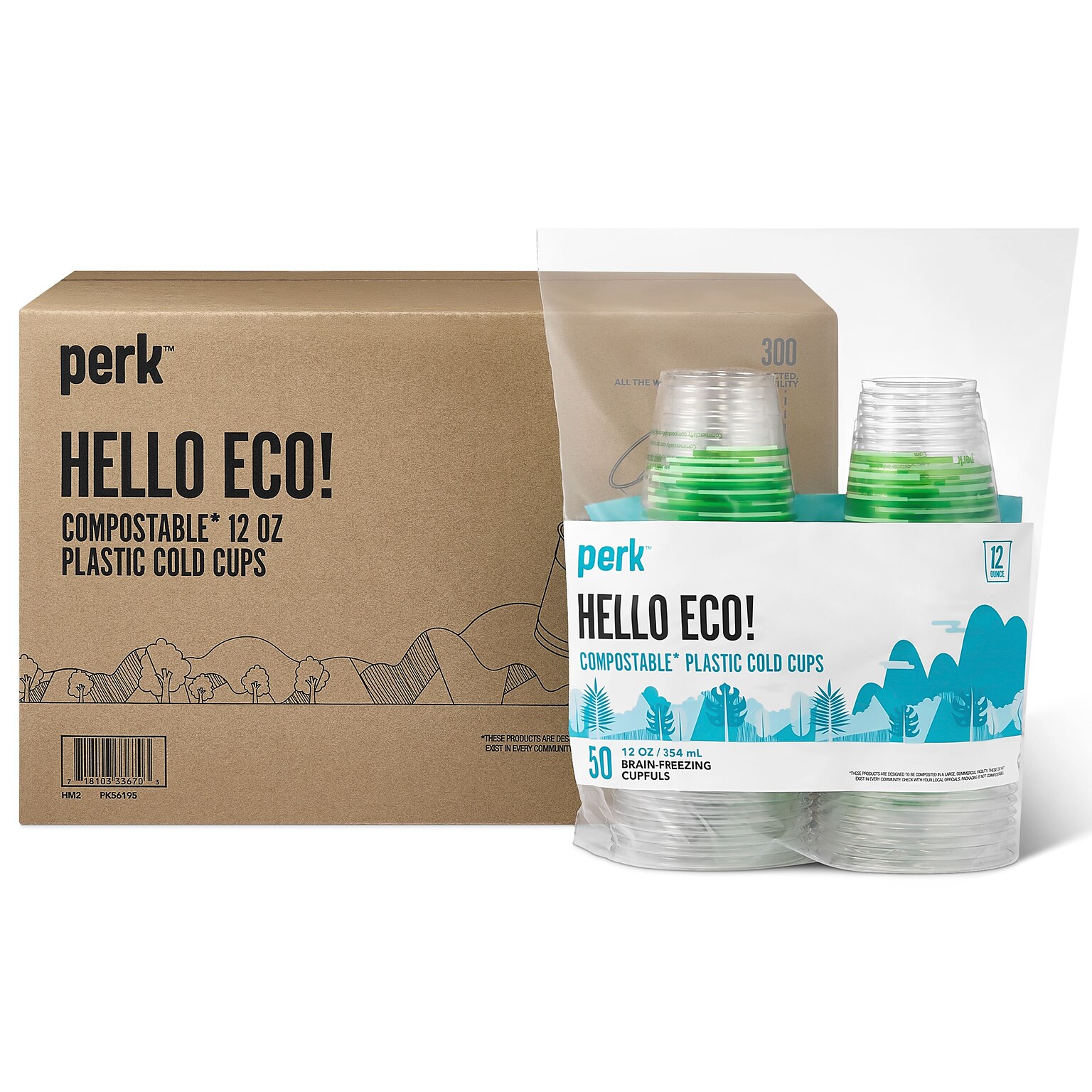 Perk™ Eco Compostable Plastic Cold Cup, 12 Oz., Clear/Green, 300/Carton (PK56195)