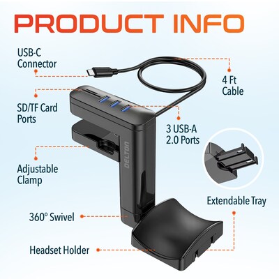 Delton HS7 Headset Stand with Under-Desk Holder and 3 USB-A Ports, Black (DHS3USB)