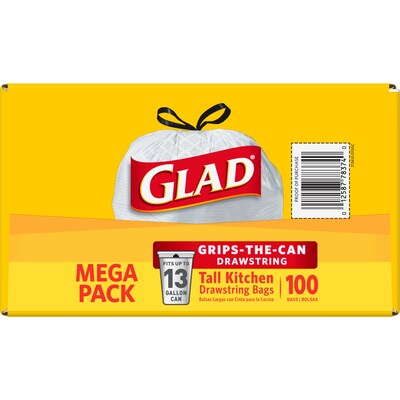 CloroxPro Glad ForceFlex 13 Gallon Tall Kitchen Drawstring Trash Bags, White, 100/Box (78374)