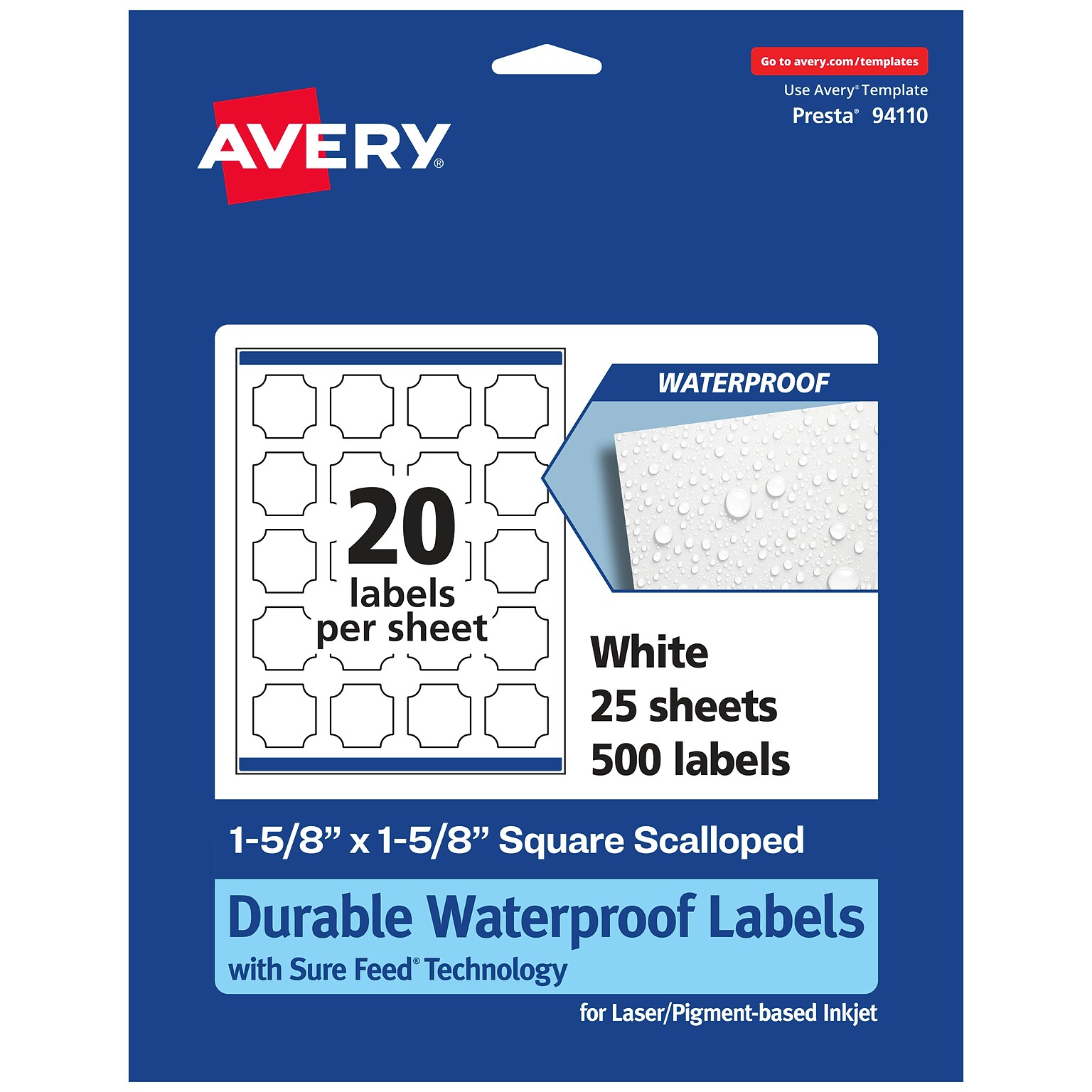 Avery Laser/Inkjet Decorative Edge Waterproof Multipurpose Labels, 1.625  x 1.625, White, 500/Pack (94110)