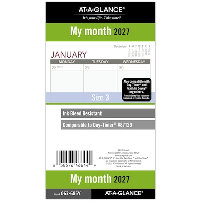 2027 AT-A-GLANCE 6.75 x 3.75 Monthly Planner Refill, White/Gray (063-685Y-27)