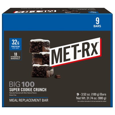MET-Rx Big 100 Gluten Free Super Cookie Crunch Protein Bar, 3.52 oz., 9 Bars/Box (NRN55727)
