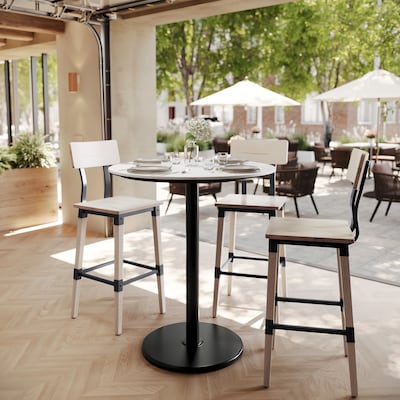 Flash Furniture Acadia 36 Round Wooden Dining Table with Round Base, White Faux Marble/Black Base (STRD36WMATR24B)