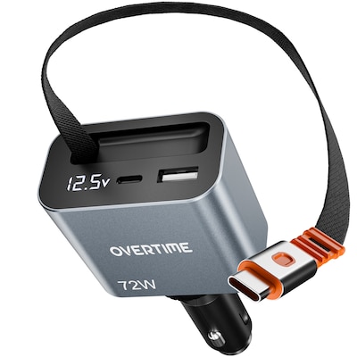 Overtime A50 72W USB-C and USB-A Car Charger with 2 ft Retractable USB-C Cable, Black (OCA50BK)