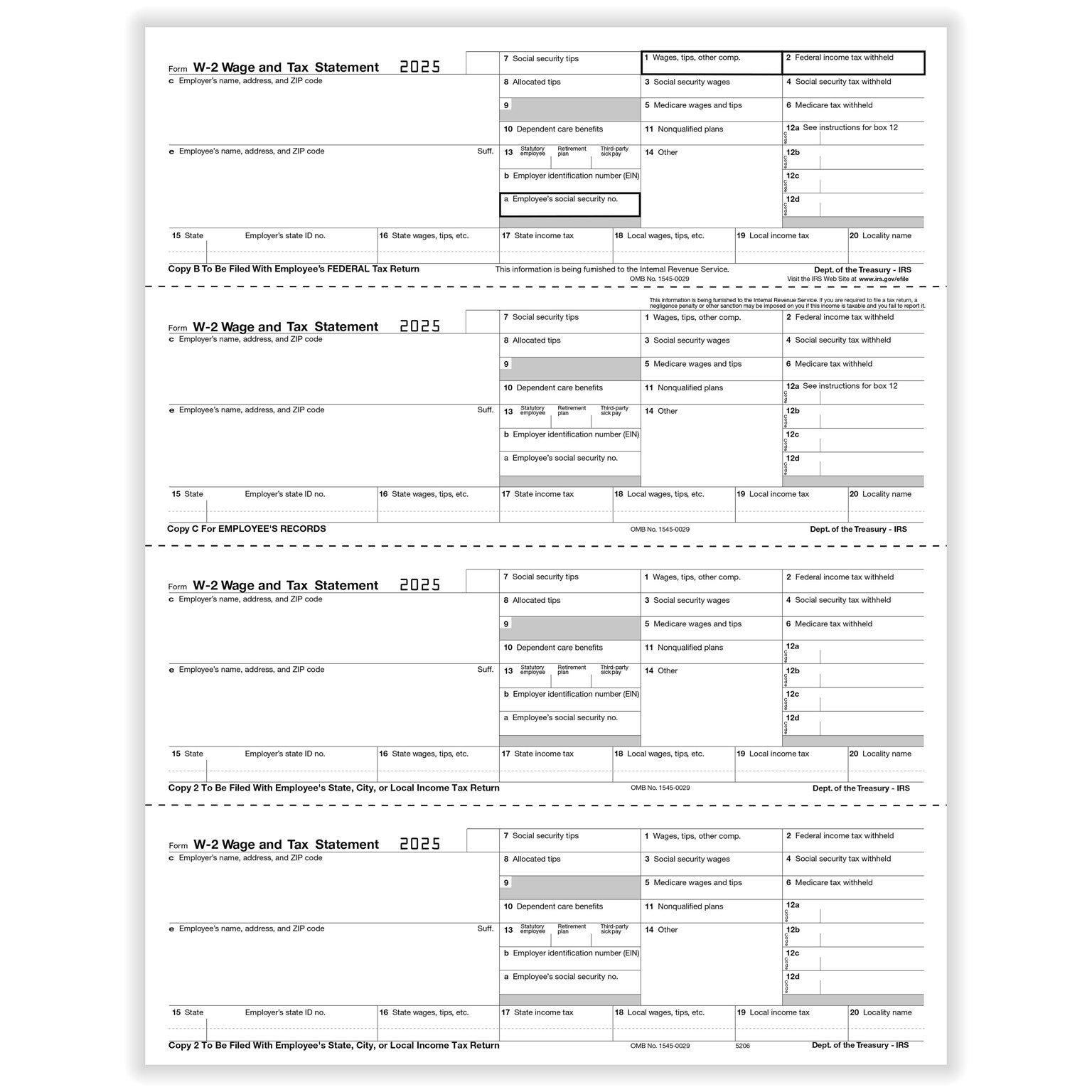 ComplyRight 2025 W-2 Tax Form, 4-Part, 4-Up, Employee Copy, 50/Pack (520650)