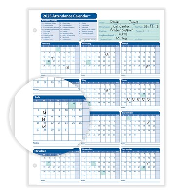 ComplyRight 2025 Attendance Calendar Set, 200 Forms/Pack (A1411W16PK200)