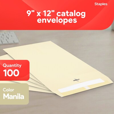 Staples Extra-Heavyweight Clasp & Moistenable Glue Catalog Envelopes, 9L x 12H, Manila, 100/Box (121962/19276)