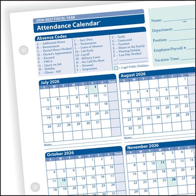 ComplyRight 2026-2027 Fiscal Year Attendance Calendar Cards, 50/Pack (A42005015)