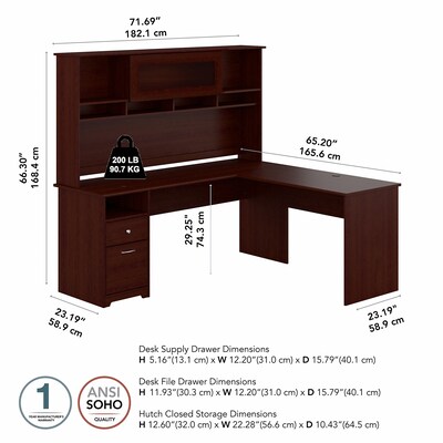 Bush Furniture Cabot 72"W L Shaped Computer Desk with Hutch and Drawers, Harvest Cherry (CAB053HVC)