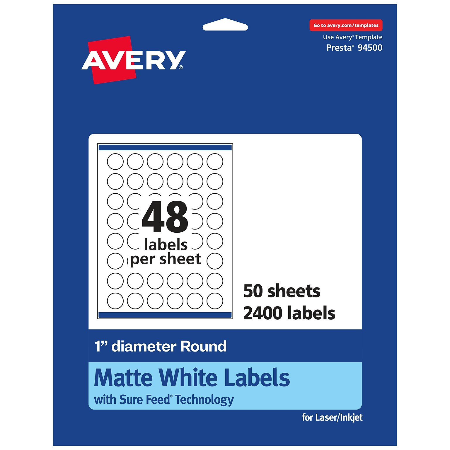 Avery Laser/Inkjet Round Multipurpose Labels, 1 Dia, Matte White, 2400 Labels/Box (94500)