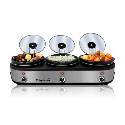MegaChef Triple 2.5 Quart Slow Cooker, Brushed Silver (938109458M)