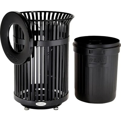 Global Industrial Outdoor Heavy-Duty Slatted Steel Trash Can, 36 Gallon, Black (641629BK)