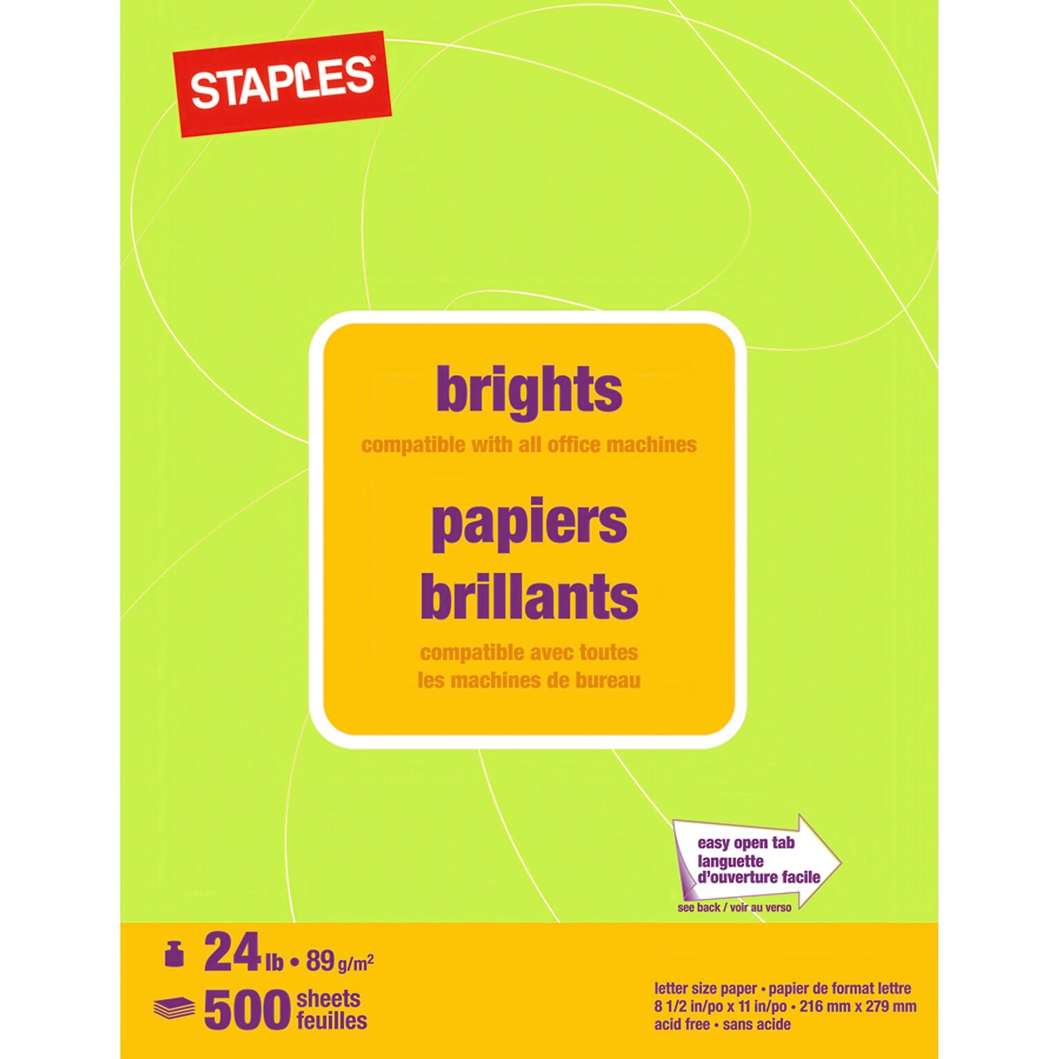 Staples Brights Multipurpose Paper, 24 lbs., 8.5 x 11, Lime, 500/Ream (20105)