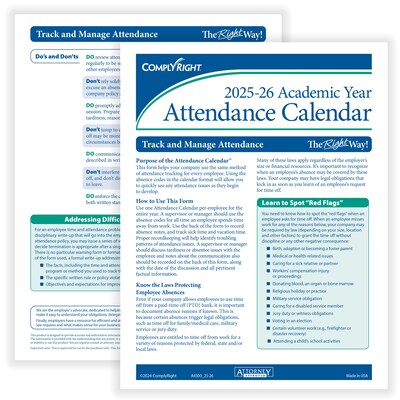 ComplyRight 2025-2026 Academic Year Attendance Calendar Cards, 50/Pack (A43005015)
