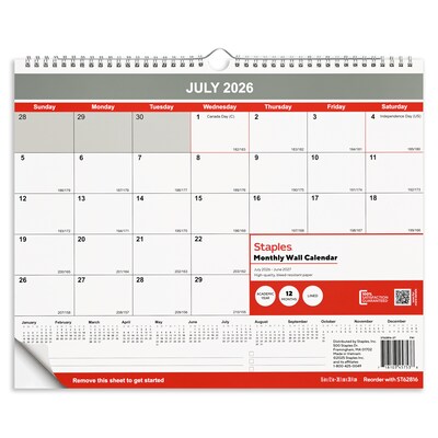 2026-2027 Staples 15 x 12 Academic Monthly Wall Calendar, White/Red/Gray (ST62816-27)