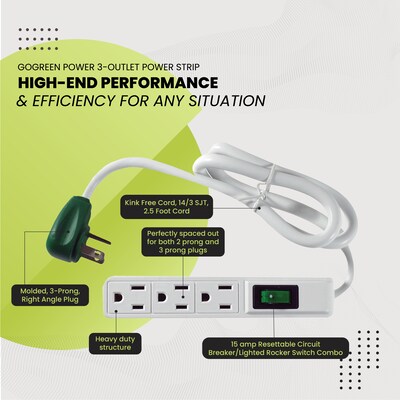 GoGreen Power Power Strip, 3 Outlet, White, 3/Pack (GG-13002MS)