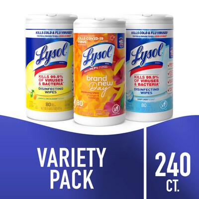 Lysol Disinfecting Wipes, Assorted, 80 Wipes/Canister, 3 Canisters/Pack (19200-99916)