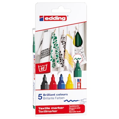 edding 4500 Series Water Based Textile Marker, Fine Bullet Tip, Assorted Basic Colors, 5/Pack (EDD445005S)