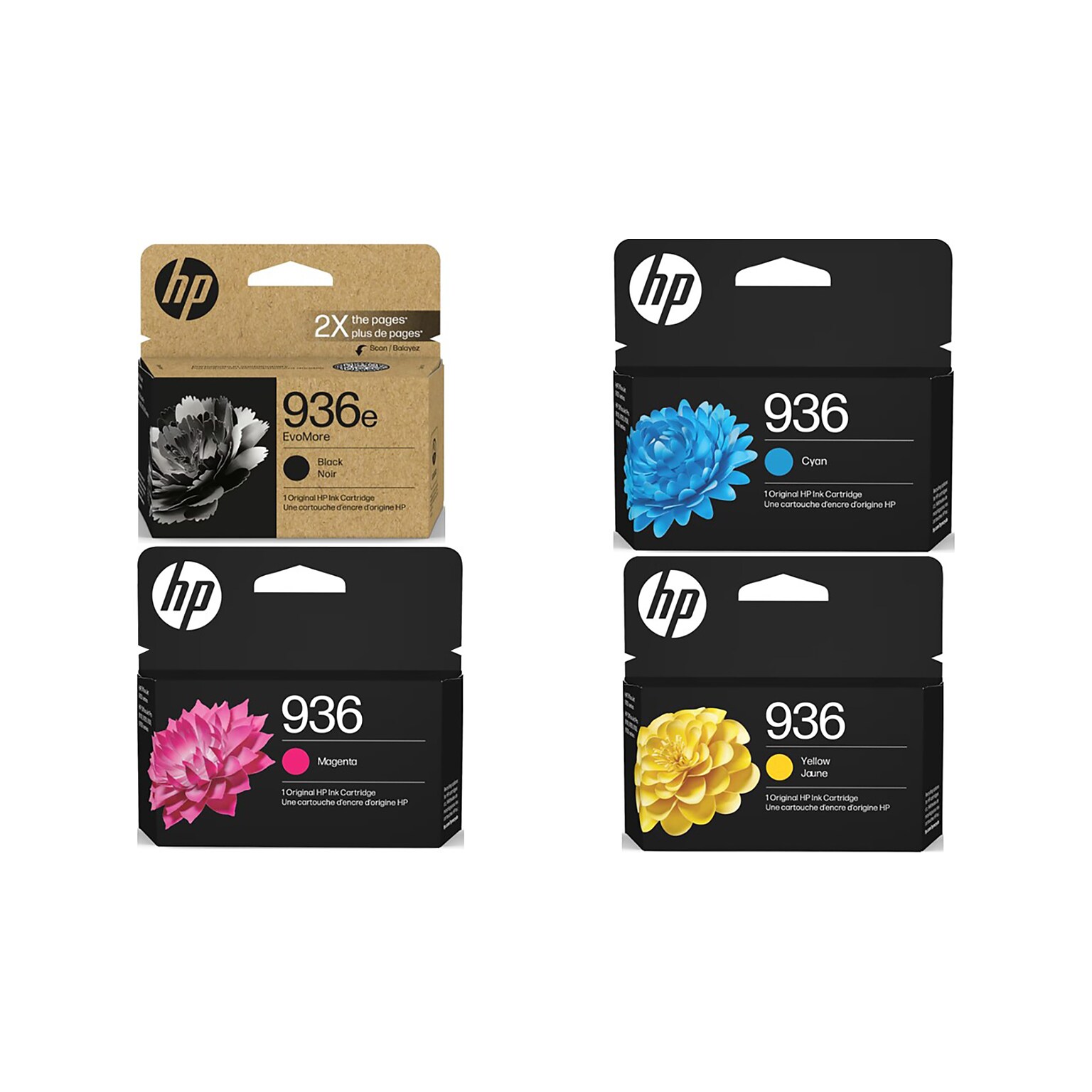 HP 936e Black High Yield and Cyan/Magenta/Yellow Standard Yield Ink Cartridge, 4/Pack