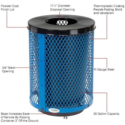 Global Industrial Outdoor Diamond Steel Trash Can w/ Flat Lid & Base, 36 Gallon, Blue (261924BLD)
