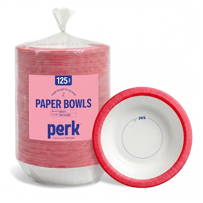 Perk™ Heavy-Weight Paper Bowl, 12 oz., White/Red, 125/Pack (PK54332)