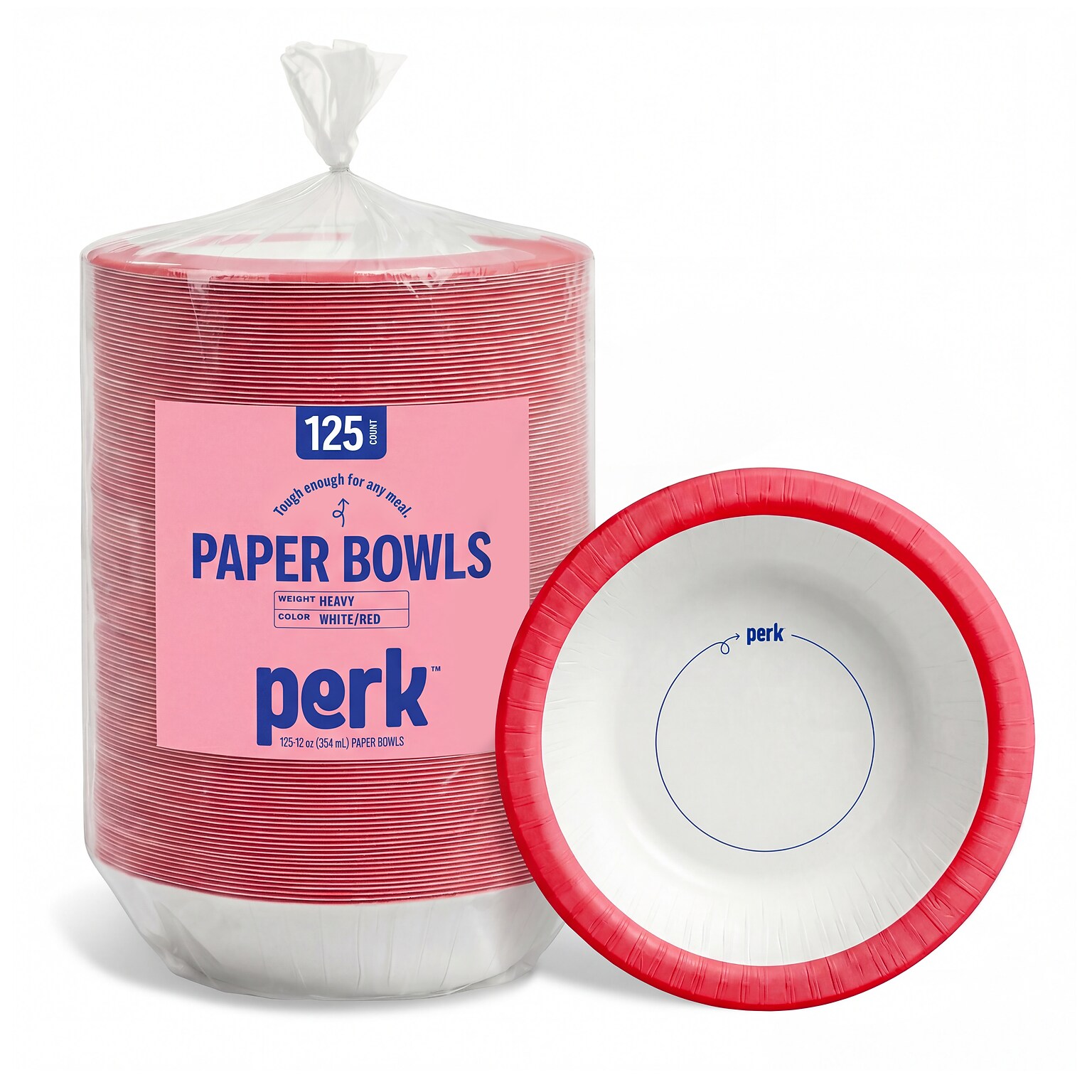 Perk™ Heavy-Weight Paper Bowl, 12 oz., White/Red, 125/Pack (PK54332)