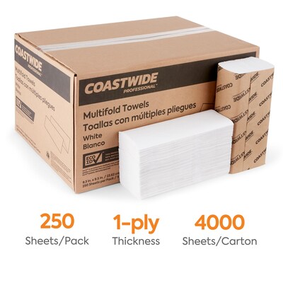 Coastwide Professional™ Recycled Multifold Paper Towels, 1-ply, 250 Sheets/Pack, 16 Packs/Carton (CW