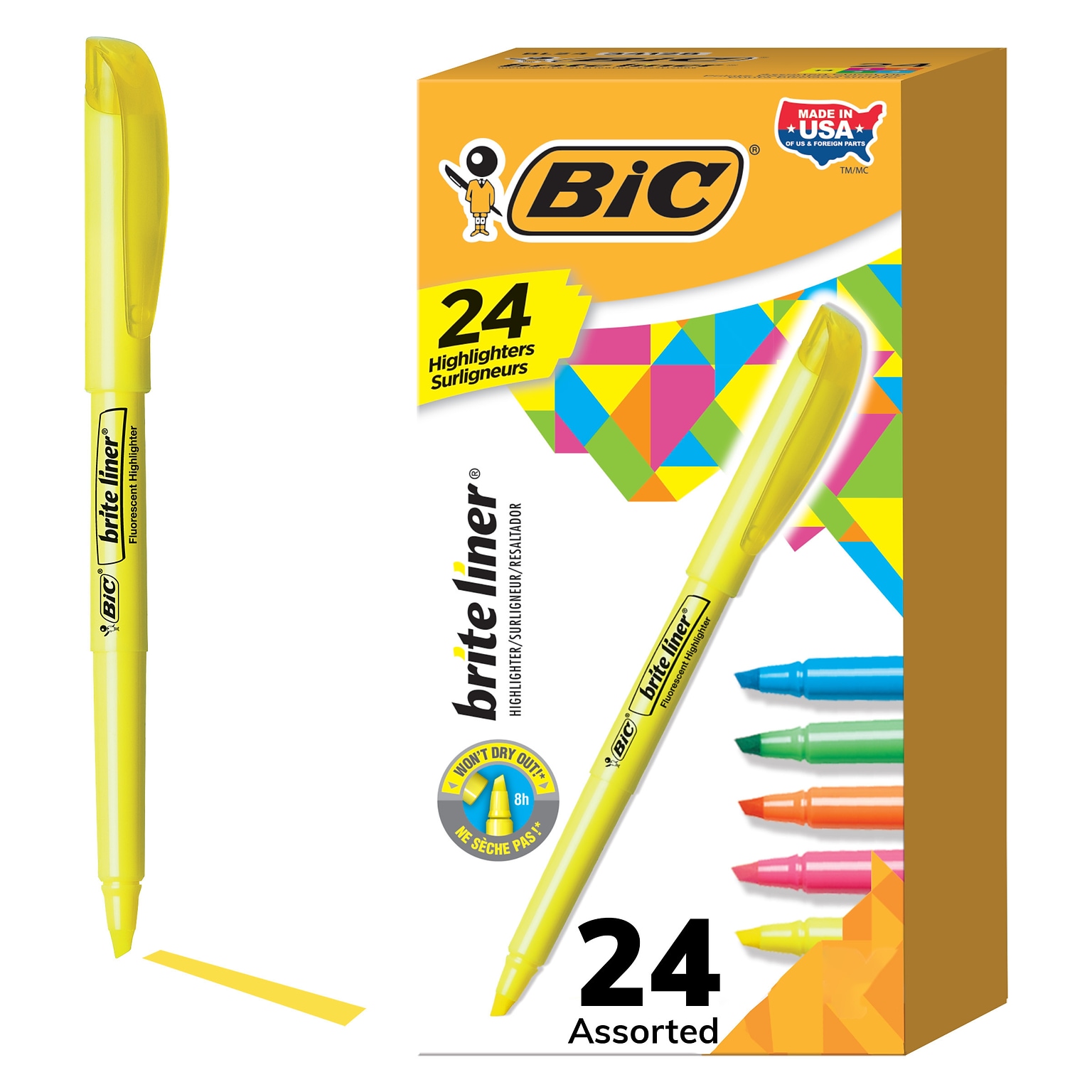 BIC Brite Liner Stick Highlighter, Chisel Tip, Assorted, 24/Pack (BL241-AST)