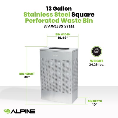Alpine Industries Stainless Steel Trash Can, 13 Gallon, Silver (ALP438-13-SS)
